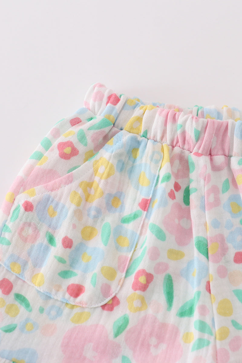 Premium Pink Muslin Leaves Shorts Set