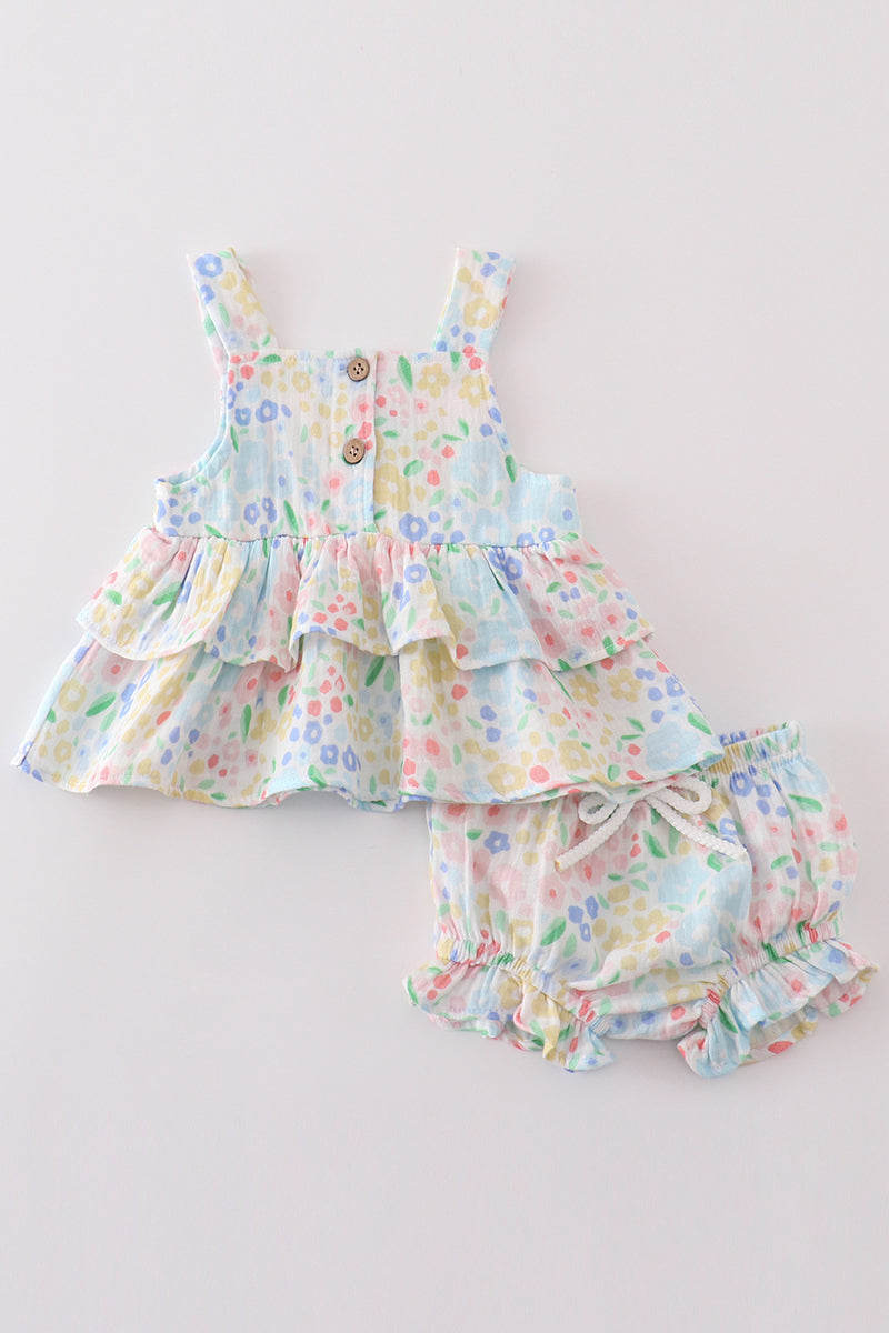 Premium Blue Muslin Floral Ruffle Set