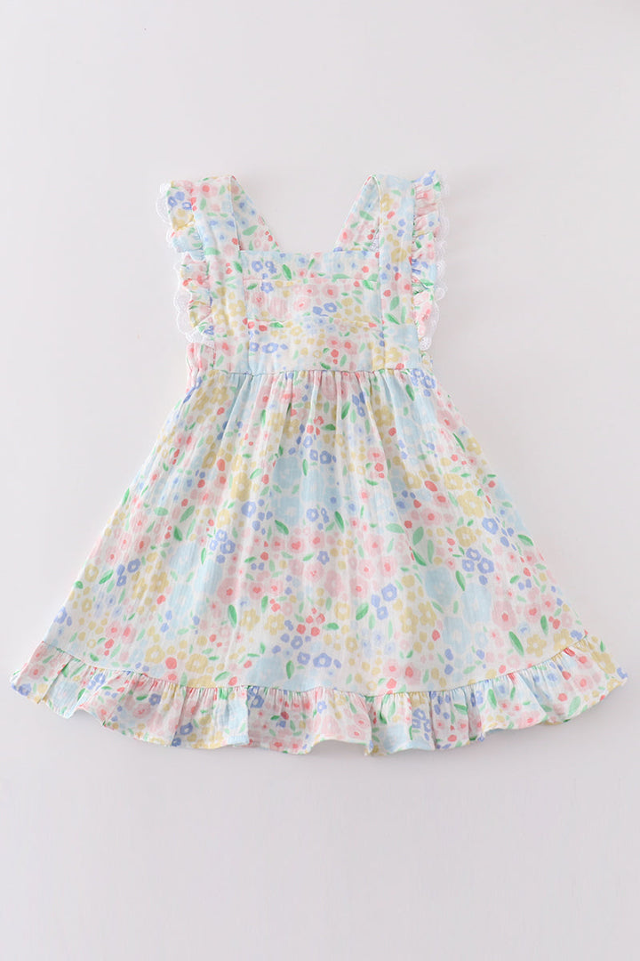 Premium Blue Muslin Floral Ruffle Dress