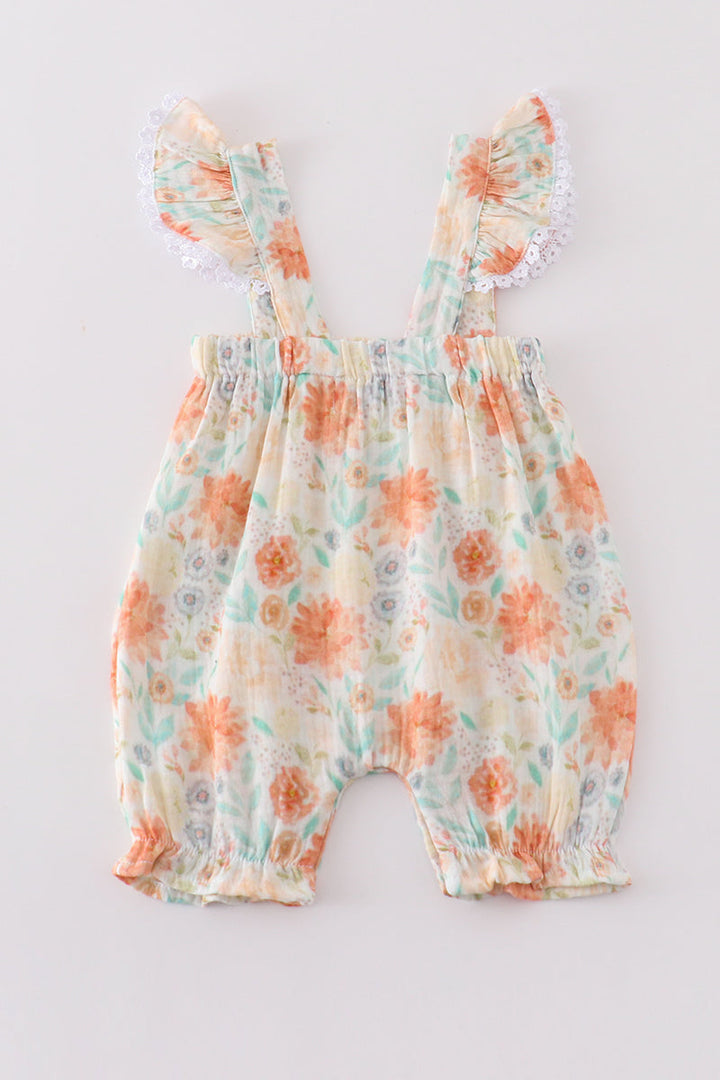 Premium Floral Muslin Leaves Ruffle Romper