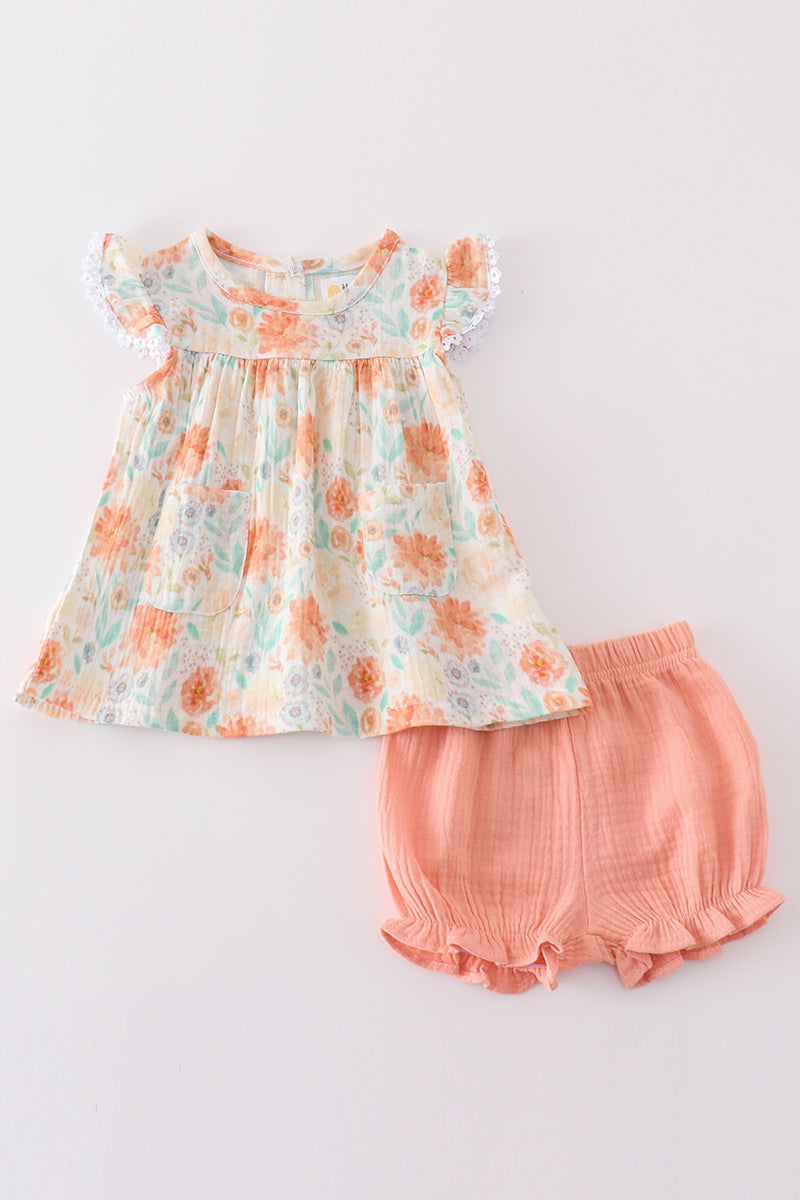 Premium Floral Leaves Muslin Ruffle Baby Set