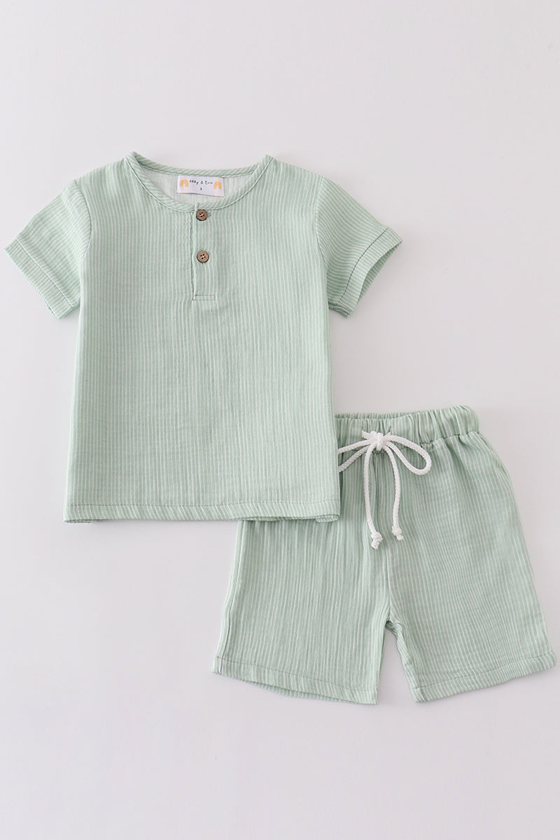 Premium Sage Muslin Stripe Boy Shorts Set