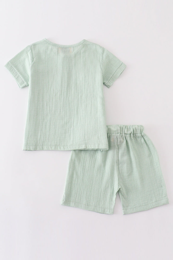 Premium Sage Muslin Stripe Boy Shorts Set