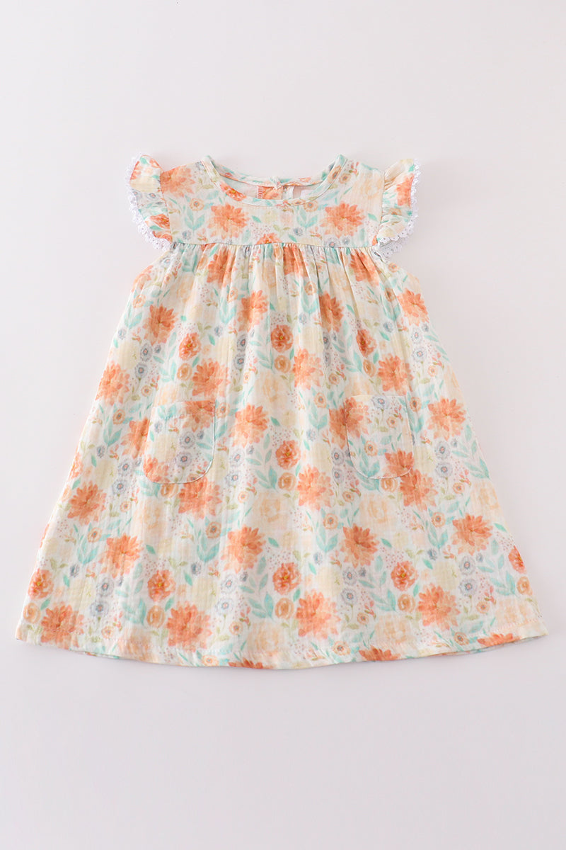 Premium Floral Leaves Muslin Ruffle Dress