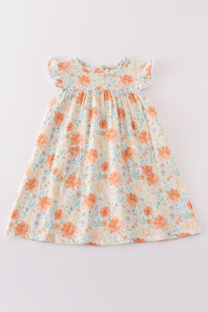 Premium Floral Leaves Muslin Ruffle Dress