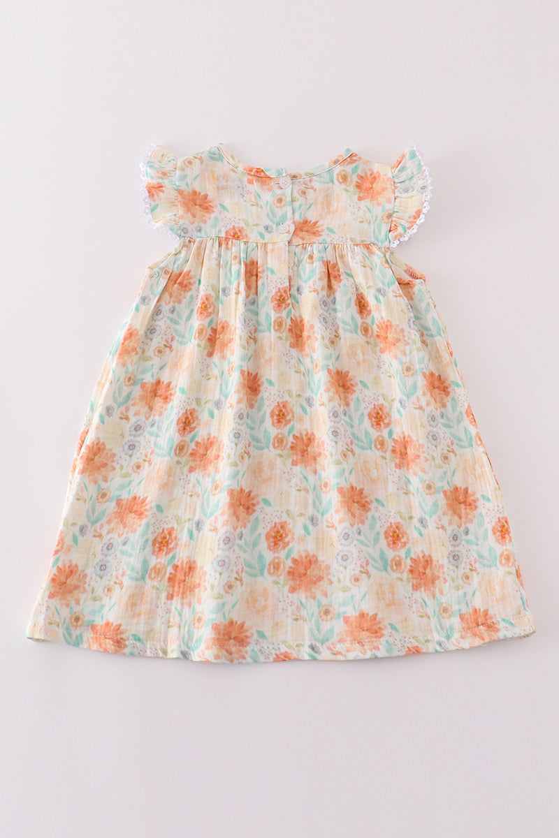 Premium Floral Leaves Muslin Ruffle Dress