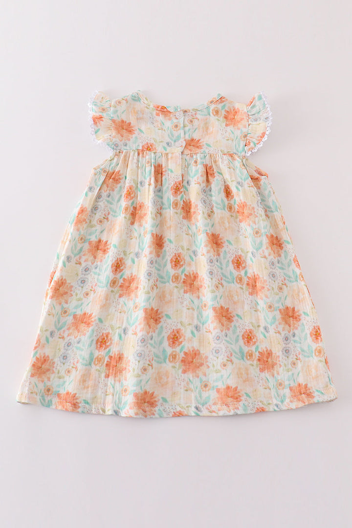 Premium Floral Leaves Muslin Ruffle Dress