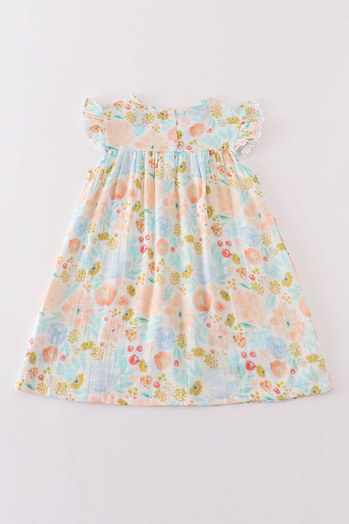 Premium Blue & Pink Muslin Floral Ruffle Dress