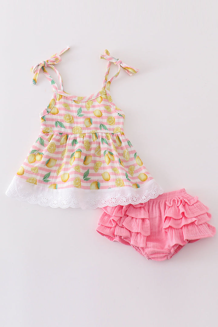 Premium Pink Muslin Stripe Lemon Baby Set