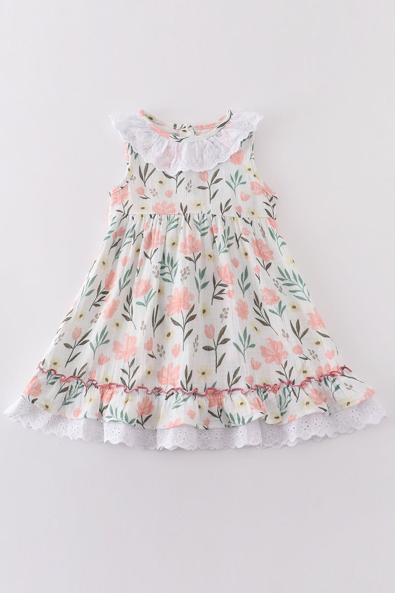 Premium Pink Muslin Floral Ruffle Dress