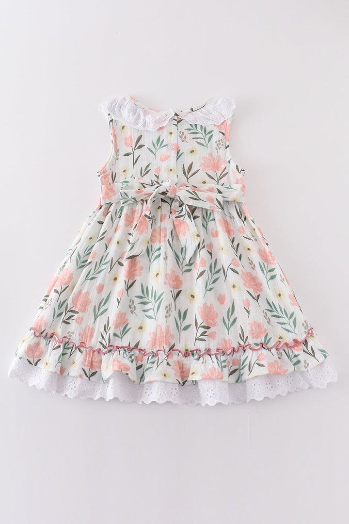 Premium Pink Muslin Floral Ruffle Dress