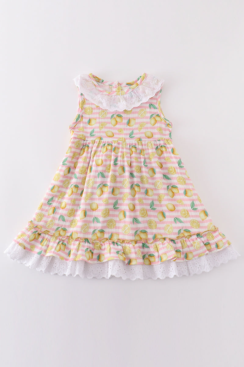 Premium Pink Muslin Stripe Lemon Ruffle Dress