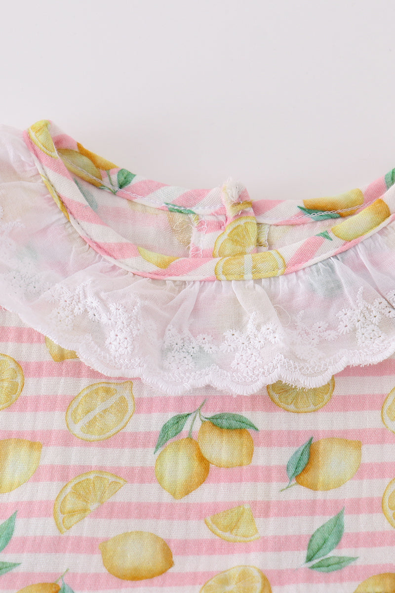 Premium Pink Muslin Stripe Lemon Ruffle Dress