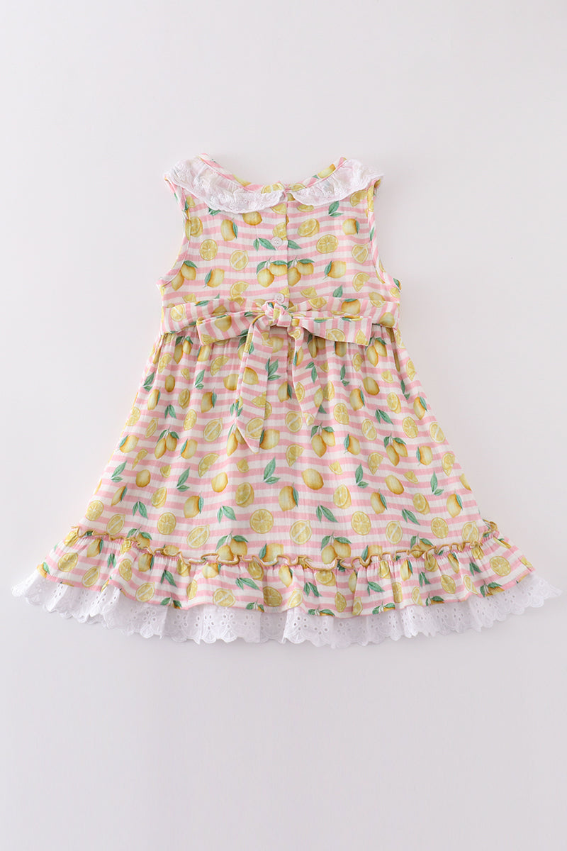 Premium Pink Muslin Stripe Lemon Ruffle Dress