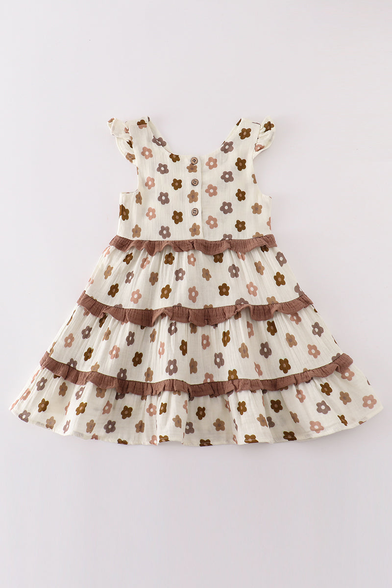 Premium Khaki Muslin Floral Tiered Dress