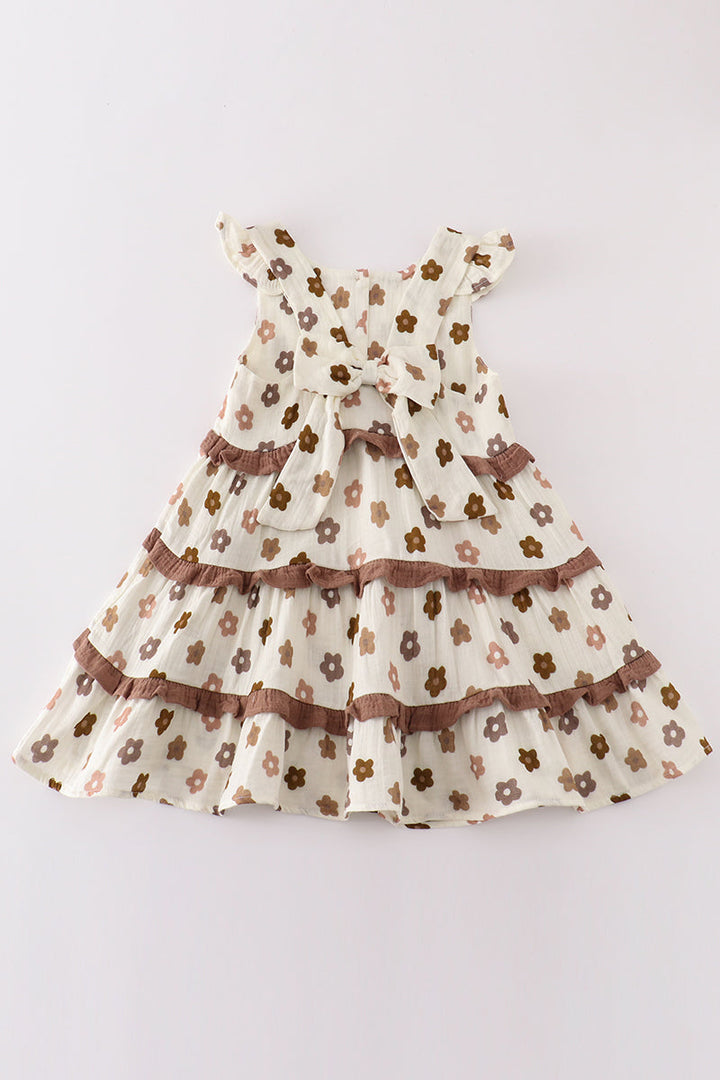 Premium Khaki Muslin Floral Tiered Dress