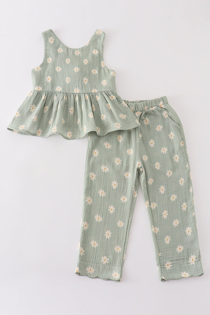 Premium Sage Muslin Daisy Girl Set