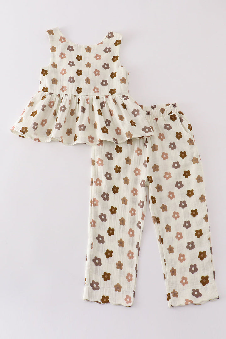 Premium Khaki Muslin Floral Girl Set