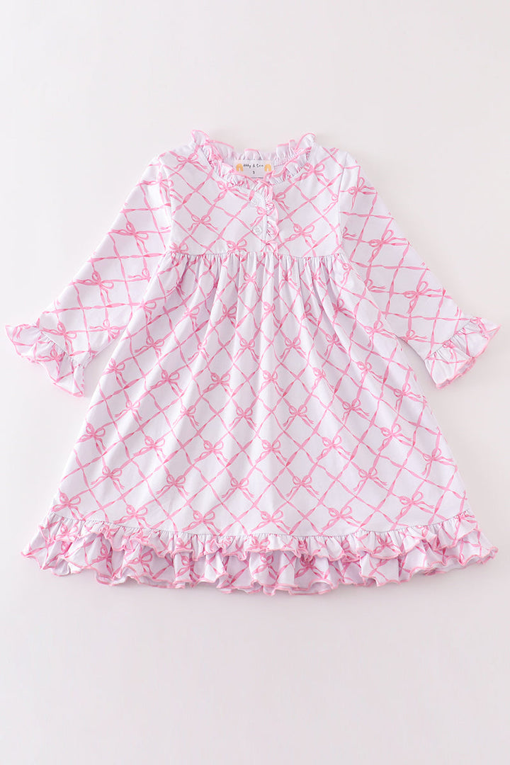 Pink Bow Tie Print Ruffle Pajamas Dress