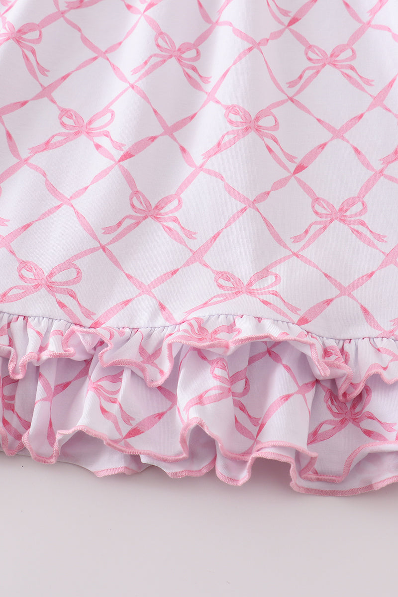 Pink Bow Tie Print Ruffle Pajamas Dress