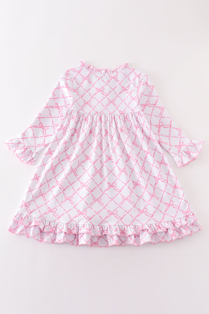 Pink Bow Tie Print Ruffle Pajamas Dress