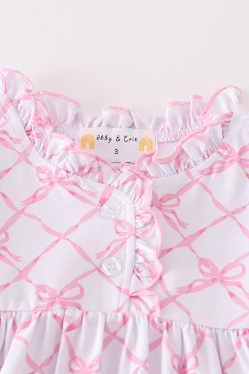 Pink Bow Tie Print Ruffle Pajamas Dress