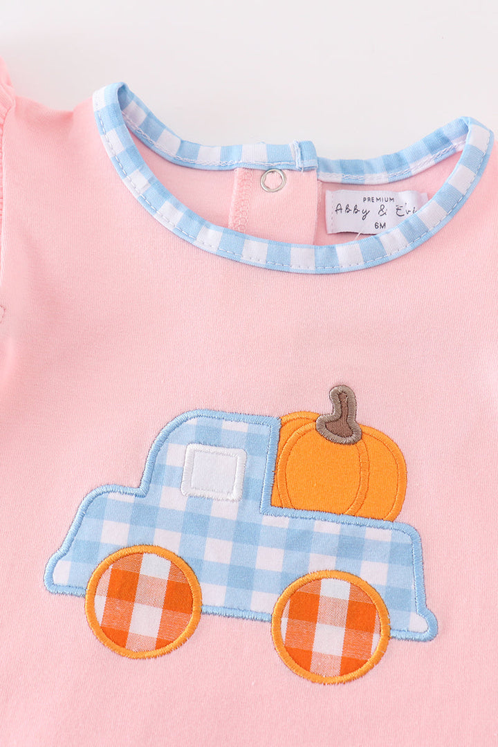 Pink Truck Pumpkin Embroidery Girl Romper