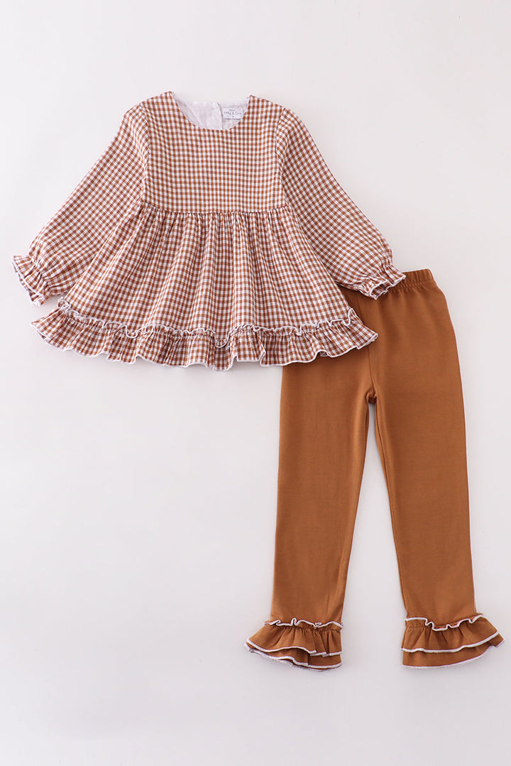 Premium Caramel Gingham Girl Ruffle Set