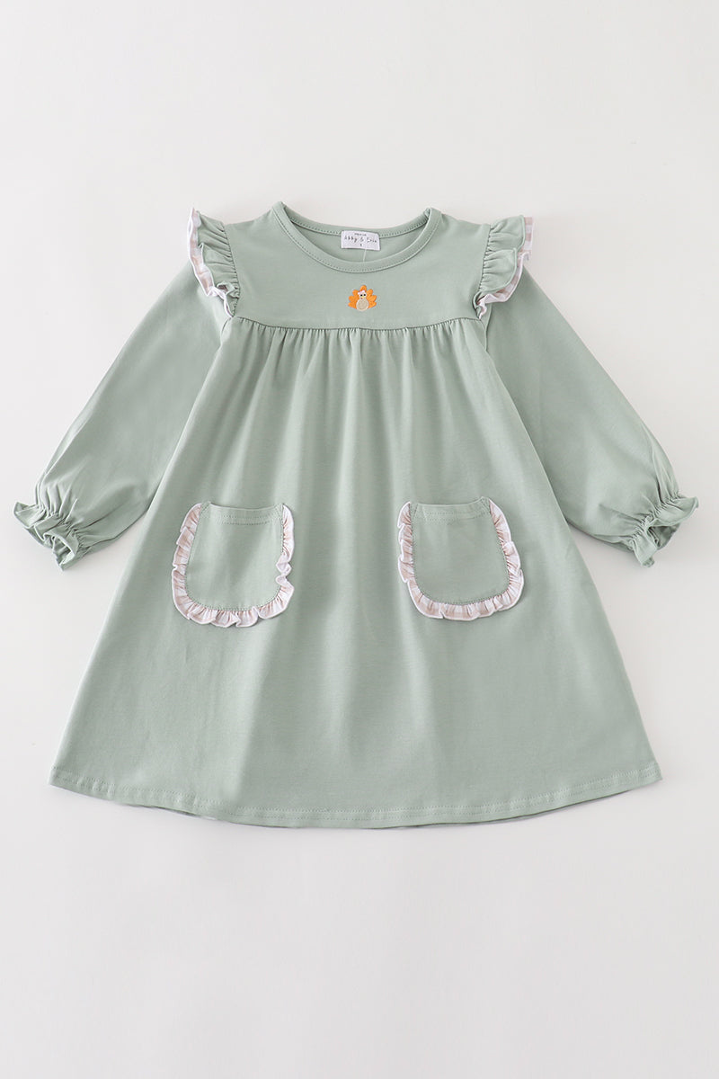 Premium Green Turkey Embroidery Pocket Dress