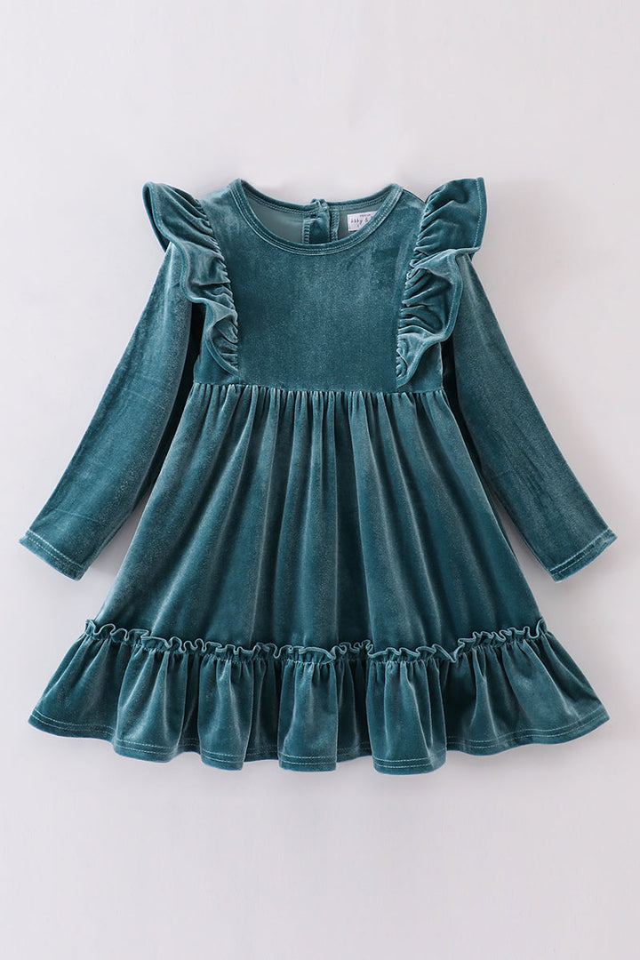 Premium Teal Velvet Ruffle Dress