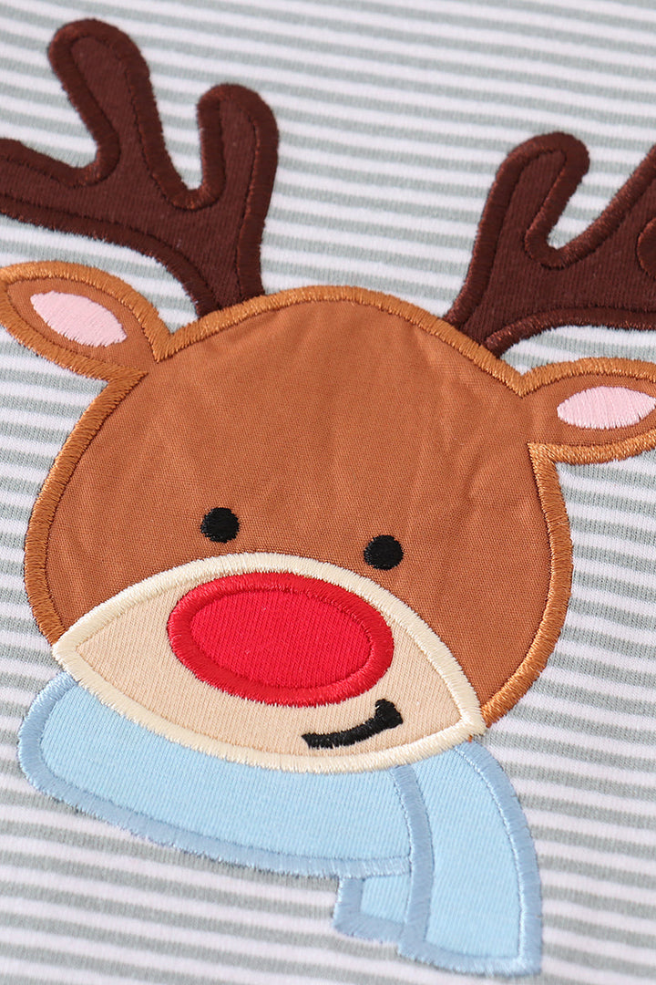 Premium Blue Stripe Christmas Deer Applique Boy Set