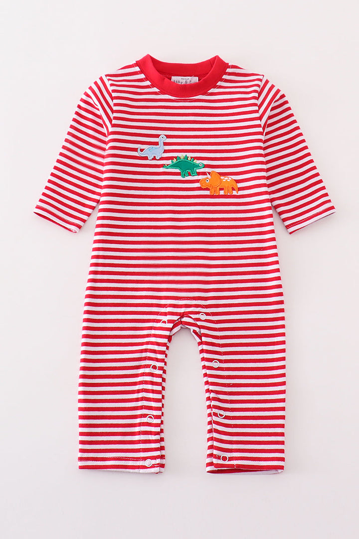 Premium Red Stripe Dinosaur Applique Girl Romper