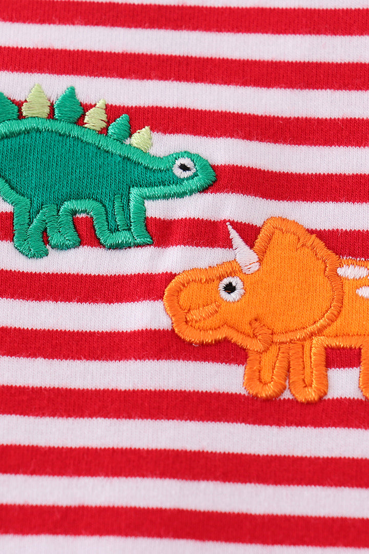 Premium Red Stripe Dinosaur Applique Girl Romper