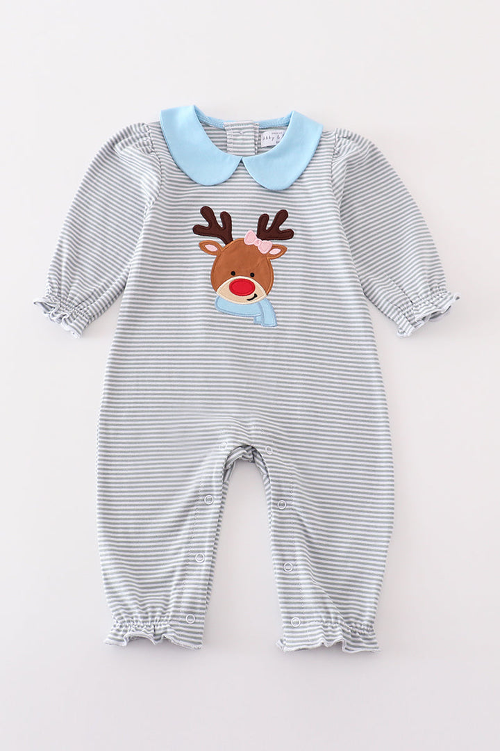 Premium Grey Stripe Reindeer Applique Girl Romper