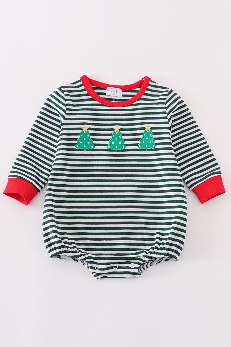 Premium Green Stripe Christmas Tree Embroidery Boy Bubble