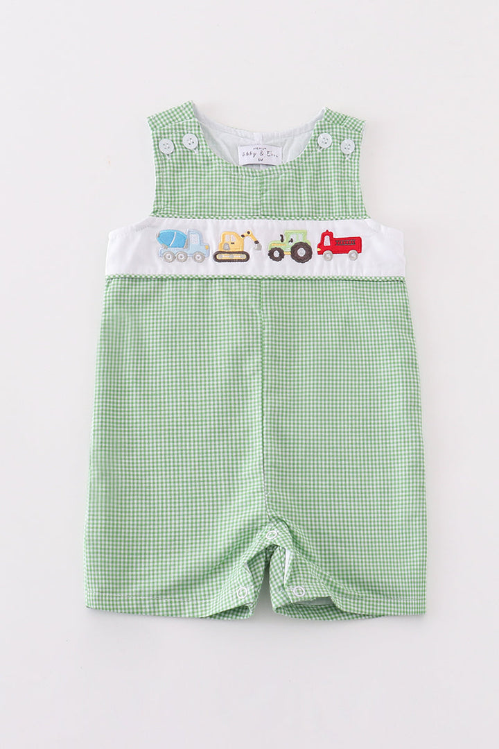 Premium Green Excavator Embroidery Boy Gingham Jonjon