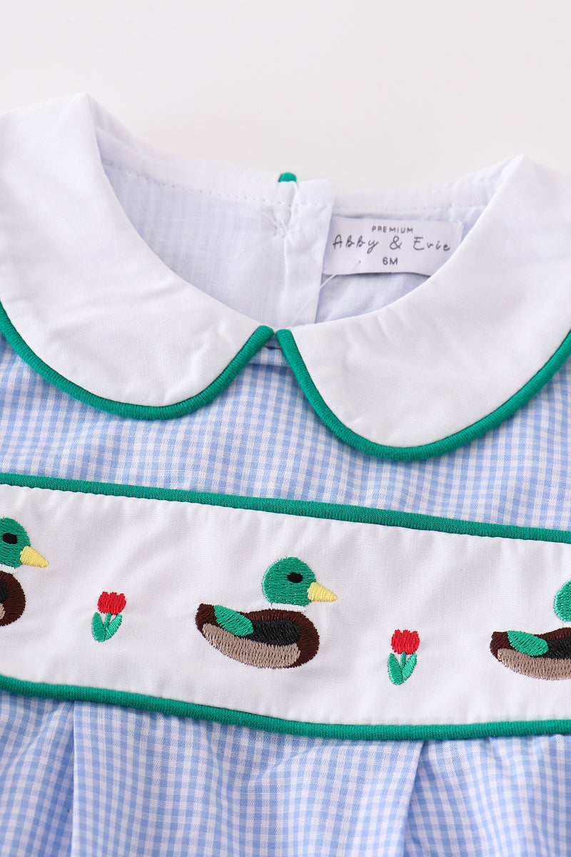 Premium Blue Duck Embroidery Boy Gingham Bubble