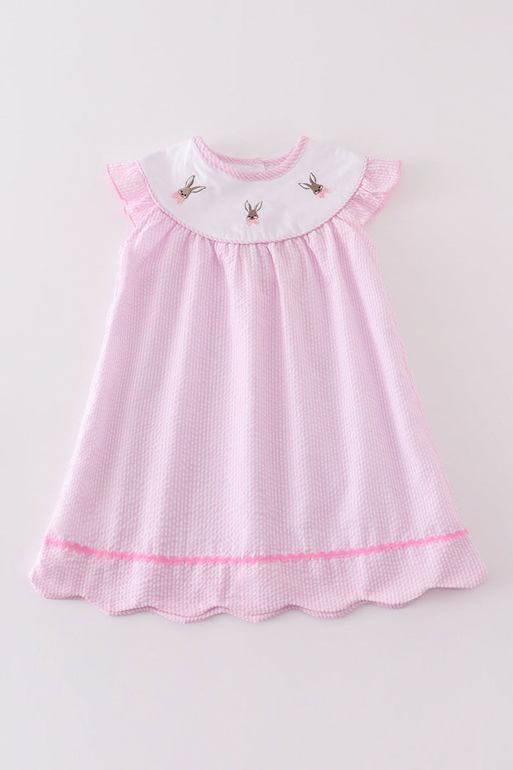 Premium Pink Stripe Bunny Embroidery Girl Dress