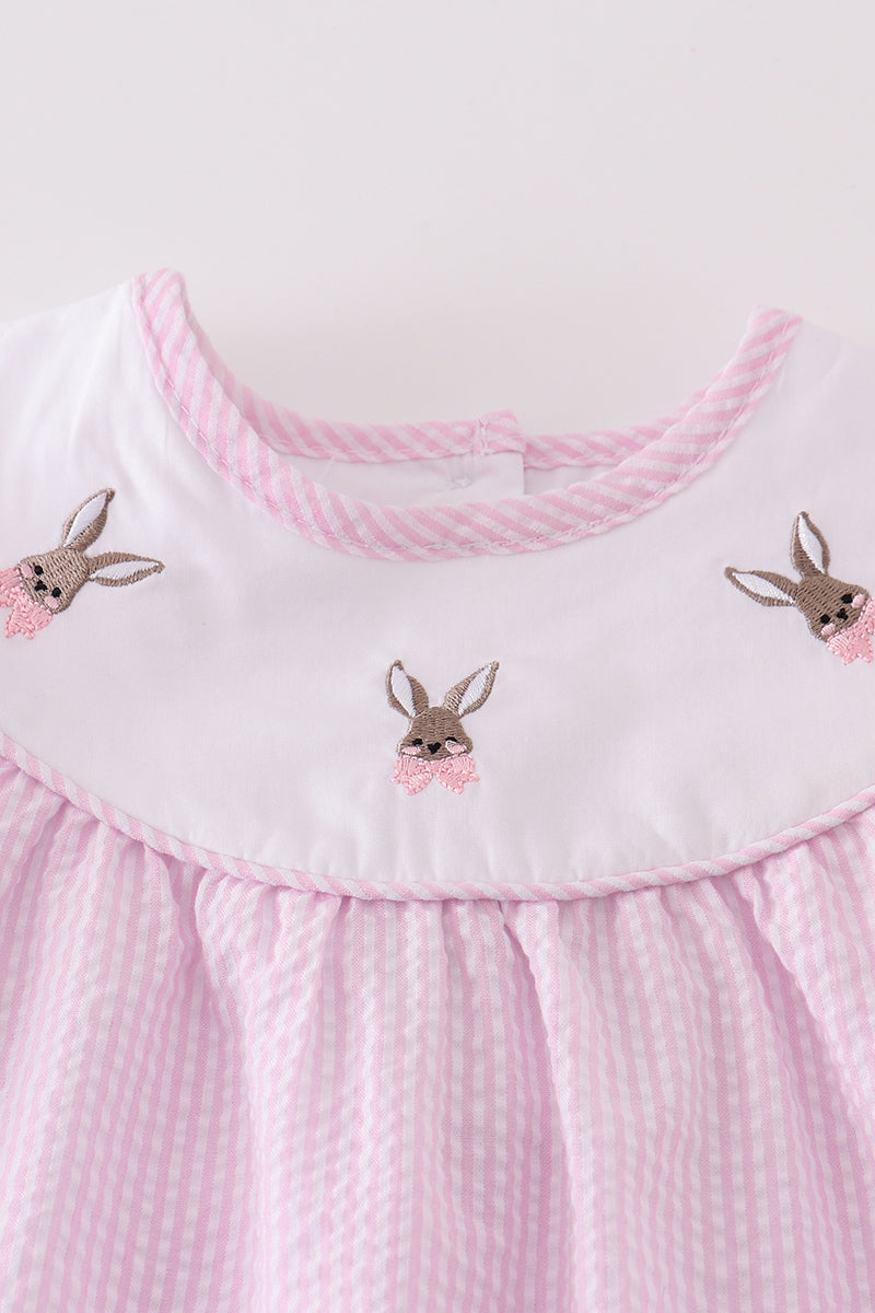 Premium Pink Stripe Bunny Embroidery Girl Dress