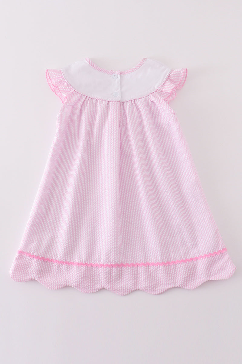 Premium Pink Stripe Bunny Embroidery Girl Dress