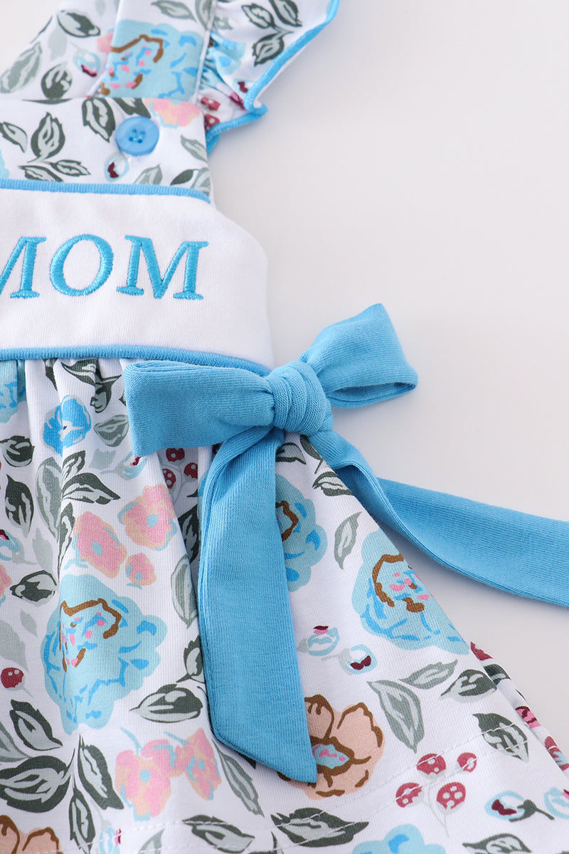 Premium Blue Floral I Love Mom Embroidery Bloomer Set