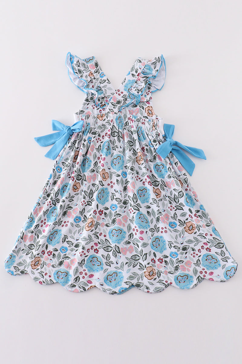 Premium Blue Floral I Love Mom Embroidery Dress