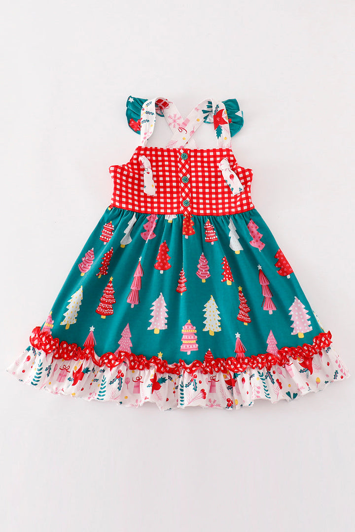 Red Christmas Tree Plaid Ruffle Dress