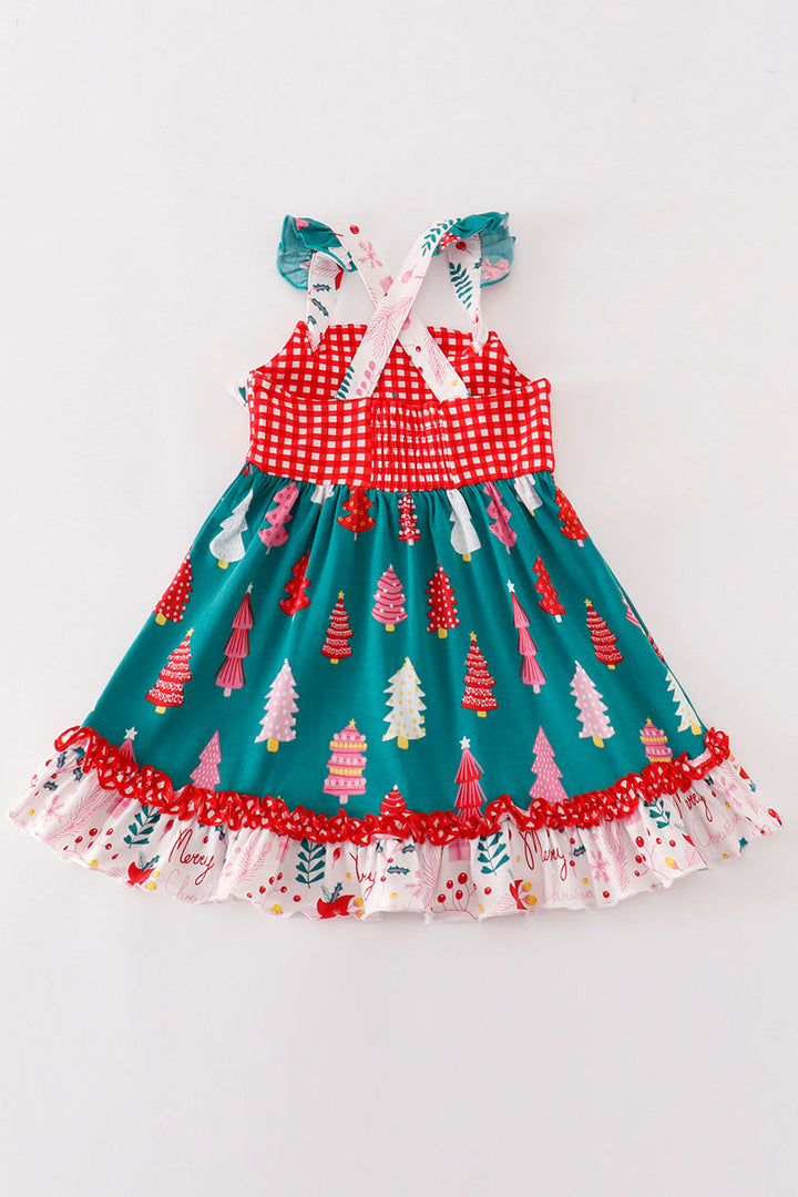 Red Christmas Tree Plaid Ruffle Dress