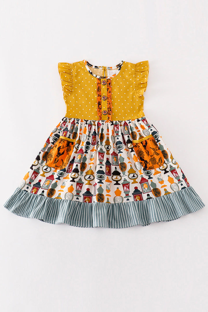 Yellow Halloween Dot Ruffle Pocket Dress