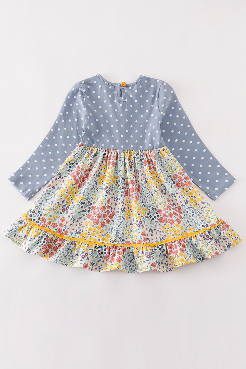 Blue Floral Print Dot Dress