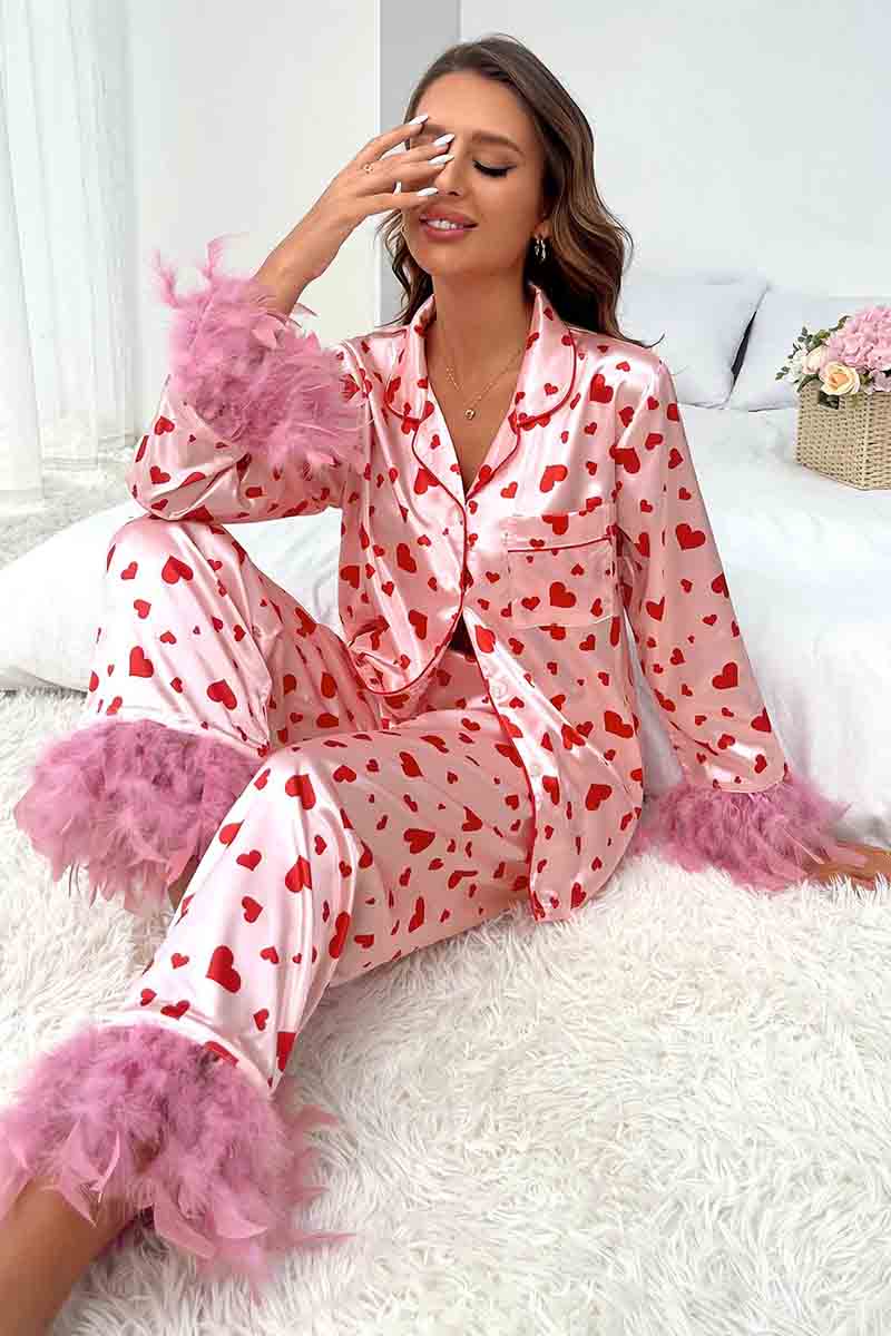 Pink Valentine's Day Heart Print Fur Trim Pajamas Set For Women