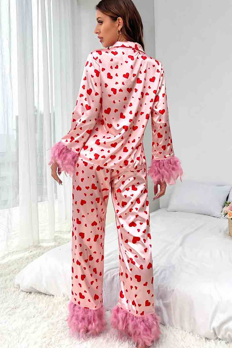 Pink Valentine's Day Heart Print Fur Trim Pajamas Set For Women