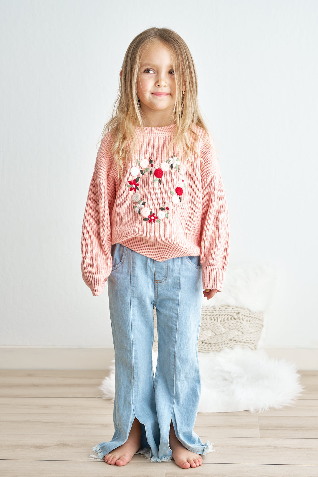 Pink Heart Floral Hand-embroidered Oversized Sweater