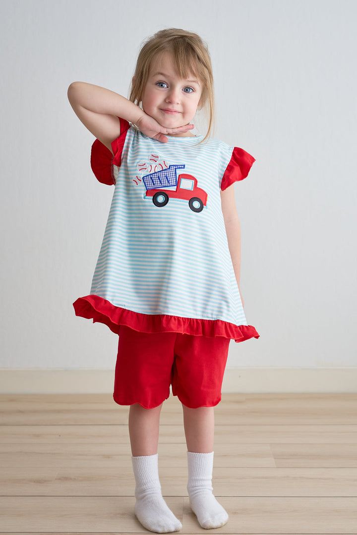 Blue Stripe Truck Baseball Applique Girl Set